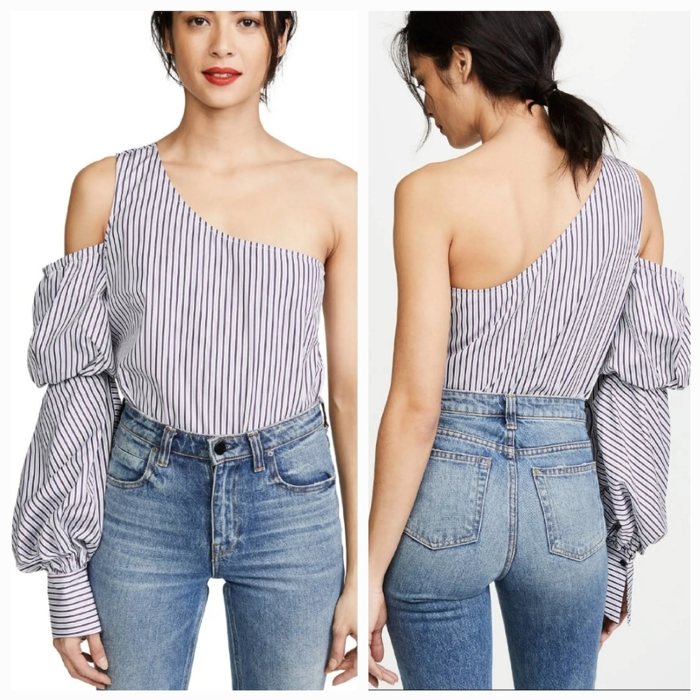 New Petersyn Lara‎ Top One Cold Shoulder One Sleeve Top Purple Stripe Size Small
